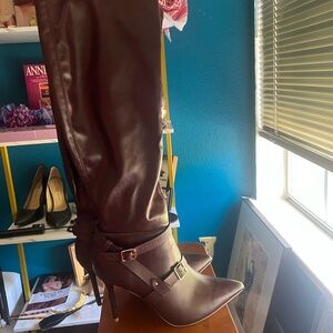 Shoe Dazzle Brown Over the Knee Boots with Classic Silhouette